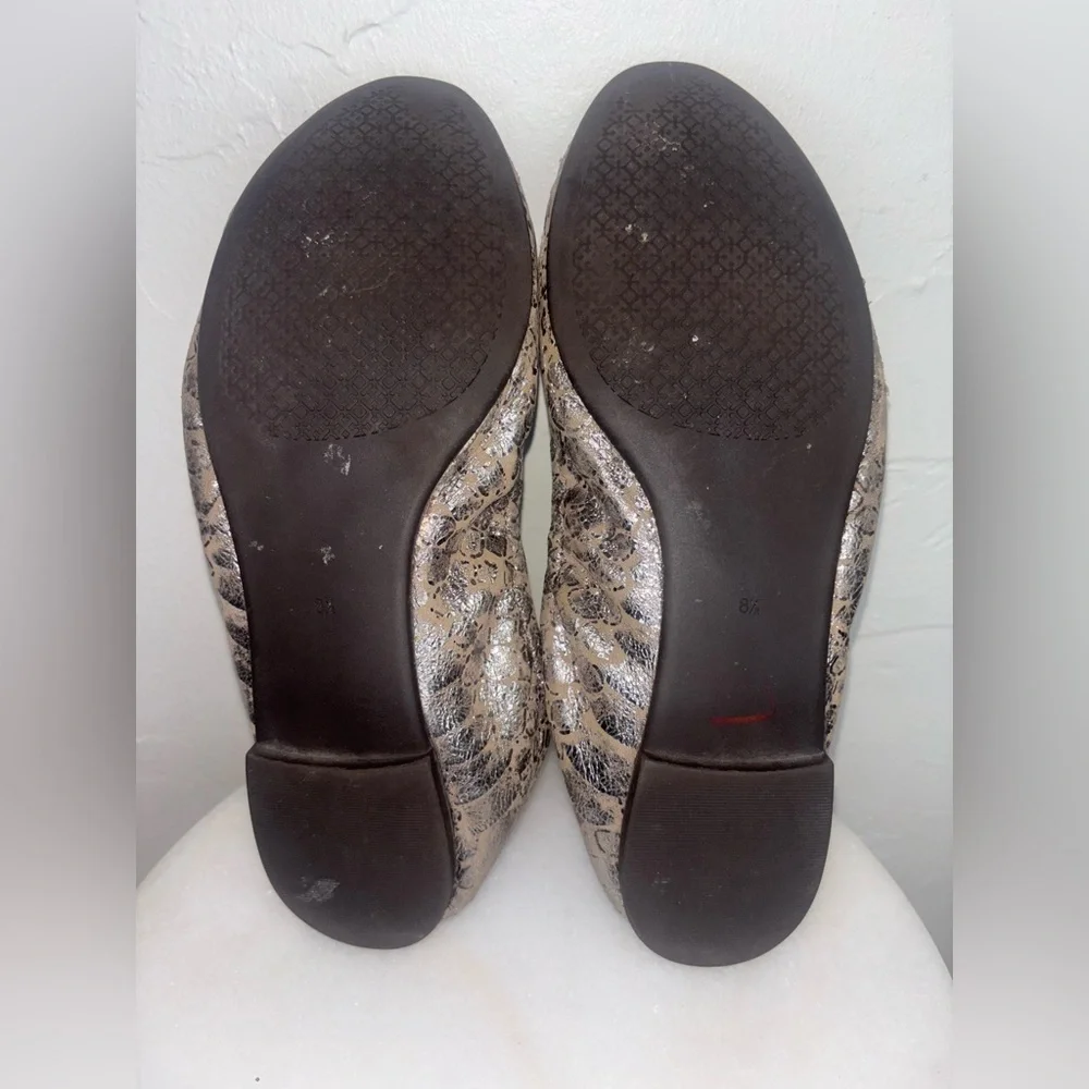 TORY BURCH Minnie Reva Flat Metallic Silver Heidi Ballet Logo‎ Leather Shoe 8.5